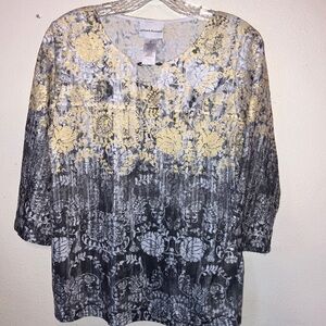 Alfred Dunner Yellow and Gray Blouse with 3/4 Sleeves